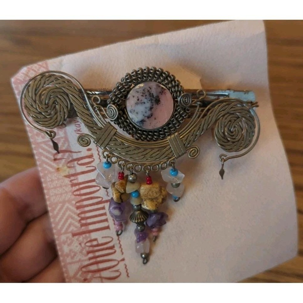 Vintage Beautiful Peru Silver Tone‎ Semi- Precious Stones Barrette